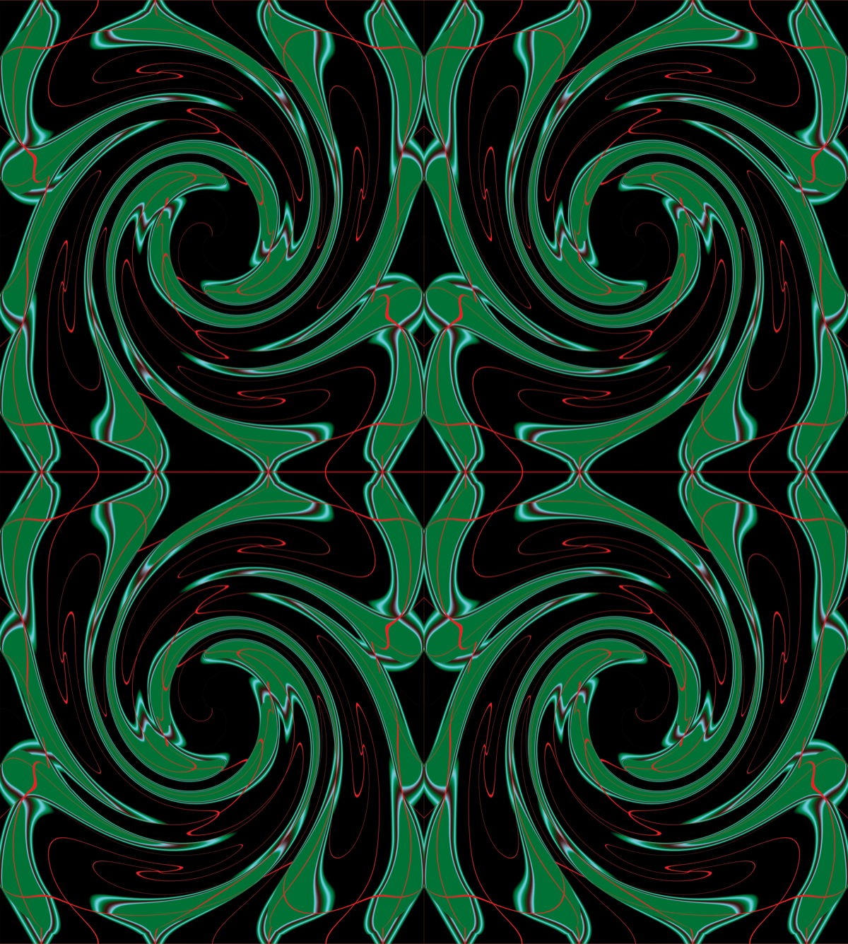 Abstract pattern with green and black swirls on a black background