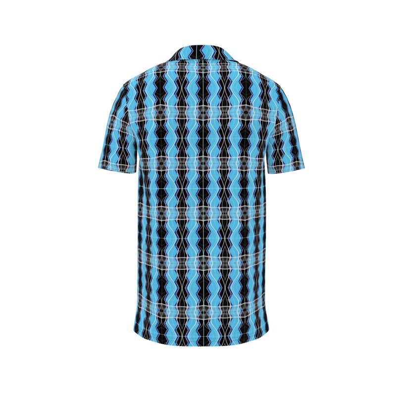 Electrify your wardrobe with the Turquoise Frequency men's polo. Featuring a glowing cyan and blue rhythmic fractal print on breathable cotton-poly fabric. Modern, high-energy style for work or play.