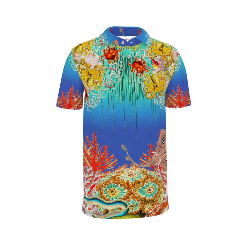 Discover the Abyssal Bloom men's polo. Featuring a deep-sea inspired organic fractal print on breathable cotton-poly fabric. Sophisticated, dark aesthetic for work or casual wear.