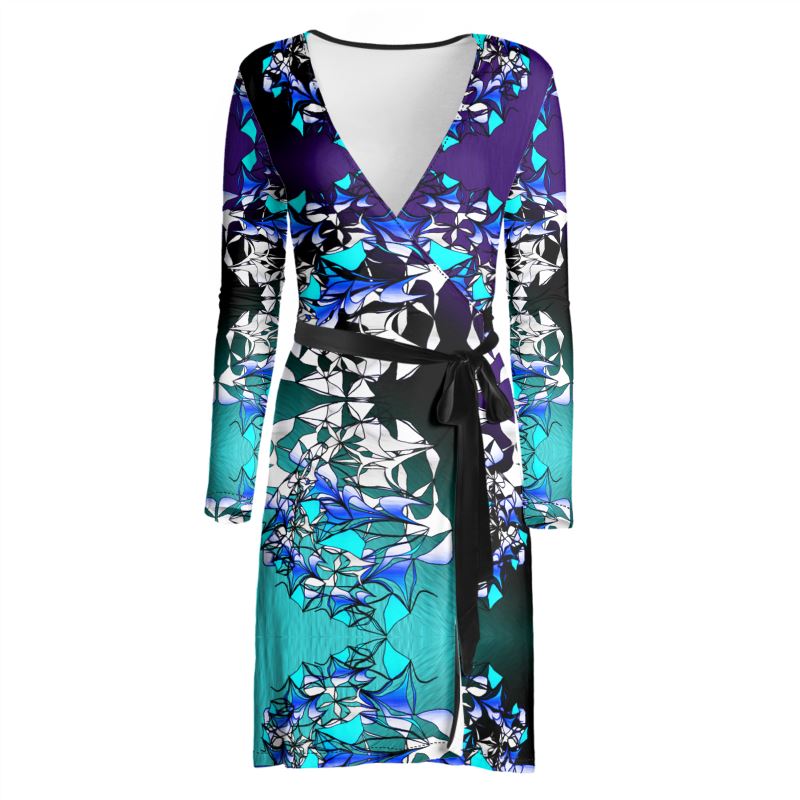 The Azure Kaleidoscope design is a masterclass in symmetry and color depth. Featuring a mesmerizing blend of royal blues, crystalline turquoises, and sharp white geometric accents, this pattern mimics the shifting beauty of a high-end kaleidoscope. On the Luxe Wrap Dress this print flows elegantly, creating a silhouette that is both artistic and sophisticated.