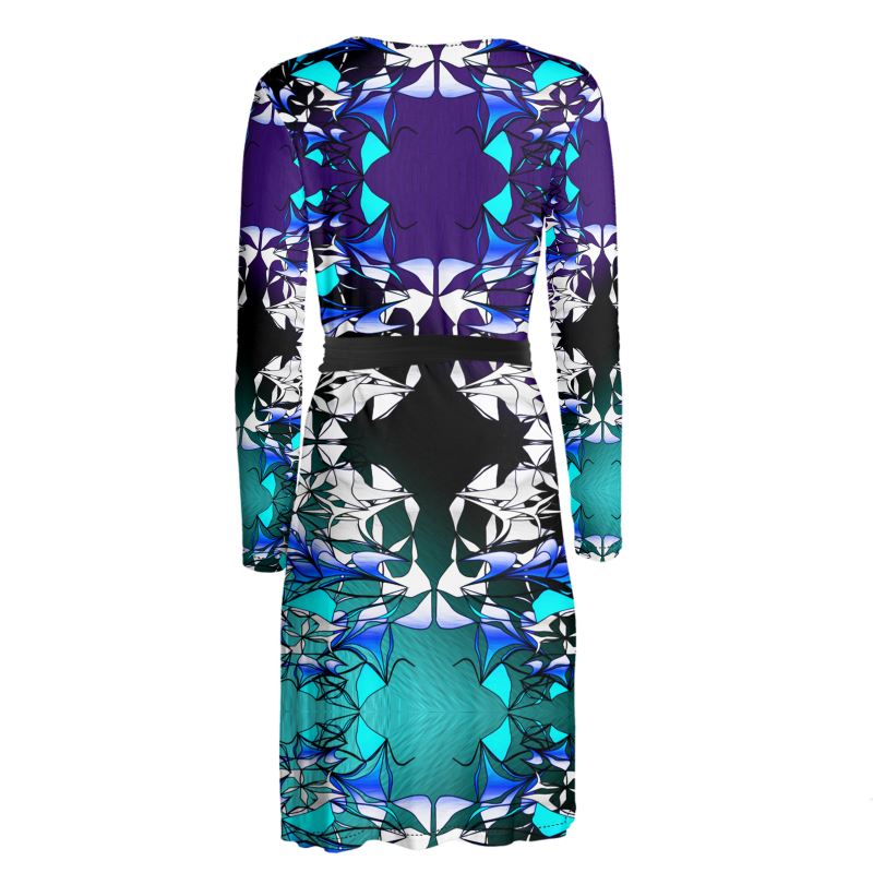 The Azure Kaleidoscope design is a masterclass in symmetry and color depth. Featuring a mesmerizing blend of royal blues, crystalline turquoises, and sharp white geometric accents, this pattern mimics the shifting beauty of a high-end kaleidoscope. On the Luxe Wrap Dress this print flows elegantly, creating a silhouette that is both artistic and sophisticated.