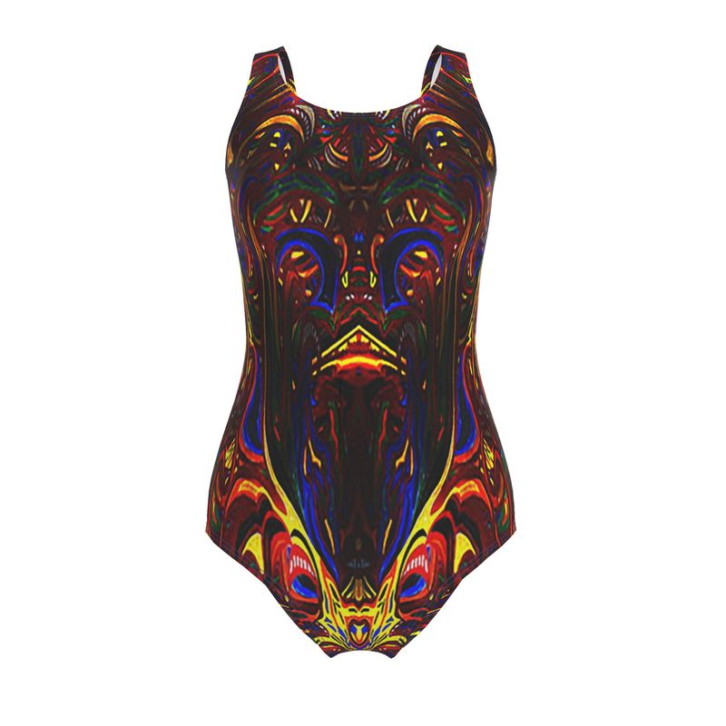 Shop the Eternal Ember by Daisy Inferno. Recycled sustainable fabric meets a glowing orange and black fire fractal design. UPF 50+, sculpting fit, and sizes XS-3XL.