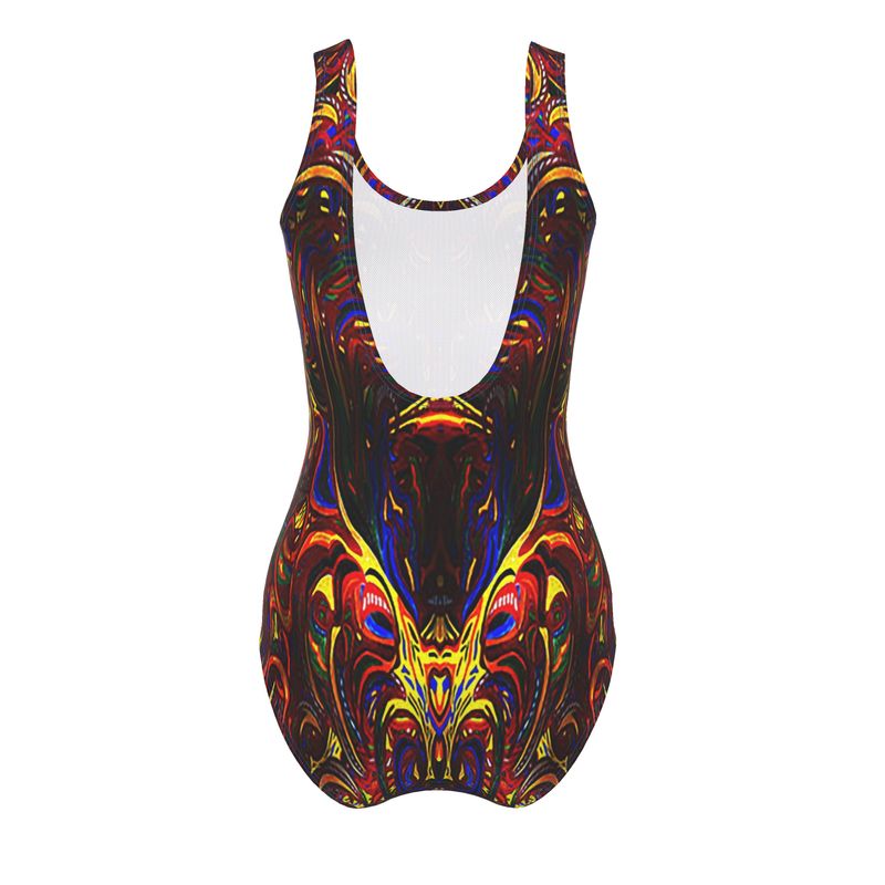 Shop the Eternal Ember by Daisy Inferno. Recycled sustainable fabric meets a glowing orange and black fire fractal design. UPF 50+, sculpting fit, and sizes XS-3XL.