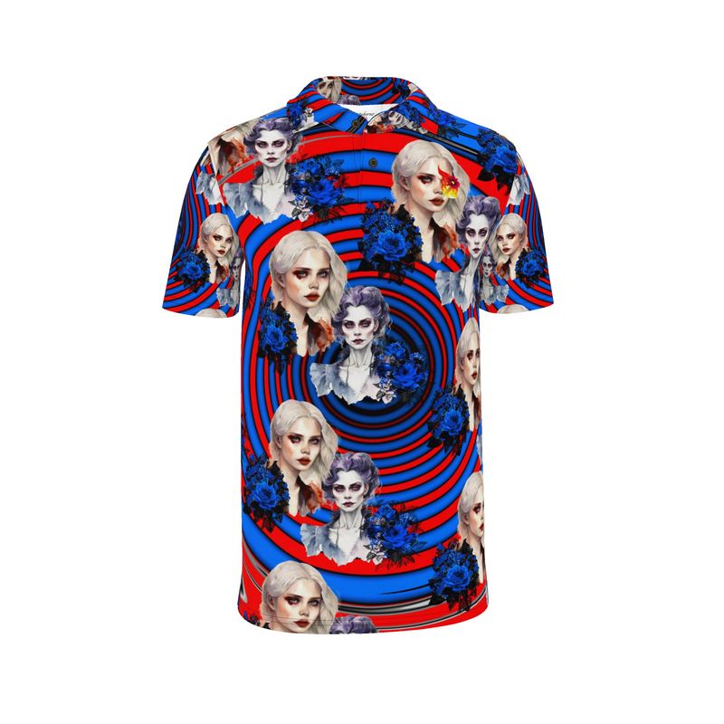 Elevate your style with the Hypnotic Muse men's polo. Featuring a vibrant, symmetrical fractal print on breathable cotton-poly fabric. Perfect for work, sports, or casual wear.