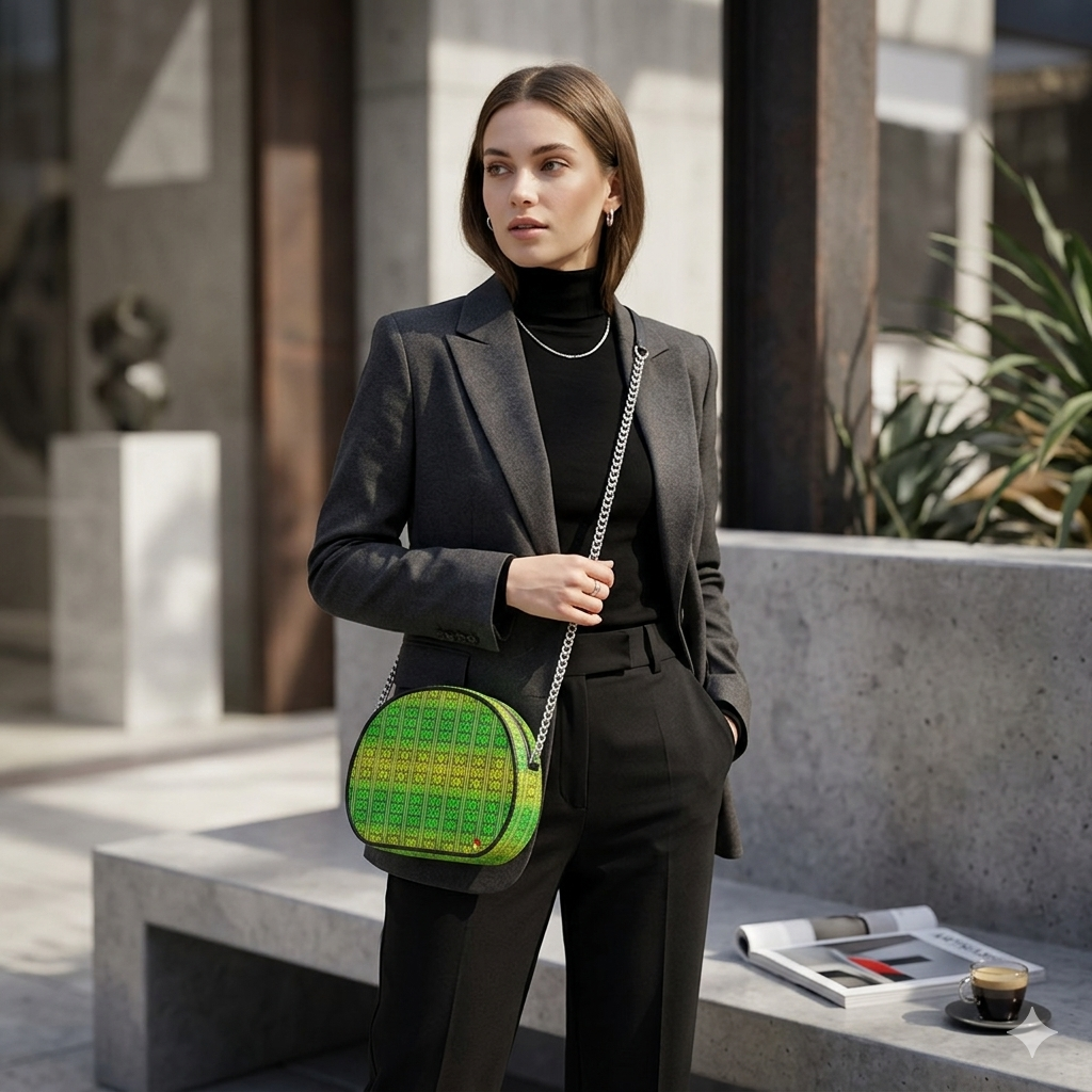 Daisy Inferno | Designer Round Crossbody Box Bag – Neon Lattice