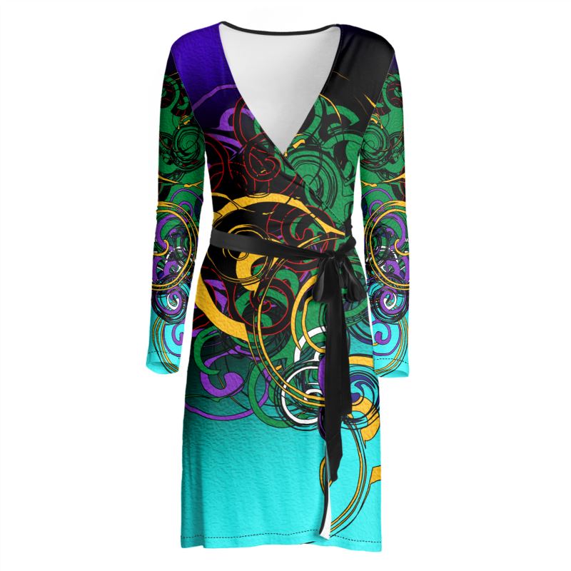 Make a statement with the Midnight Mosaic Luxe Wrap Dress. Features a stunning dark silver and navy geometric fractal print on premium, stretchy fabric. Flattering wrap silhouette for evening events, weddings, or parties.