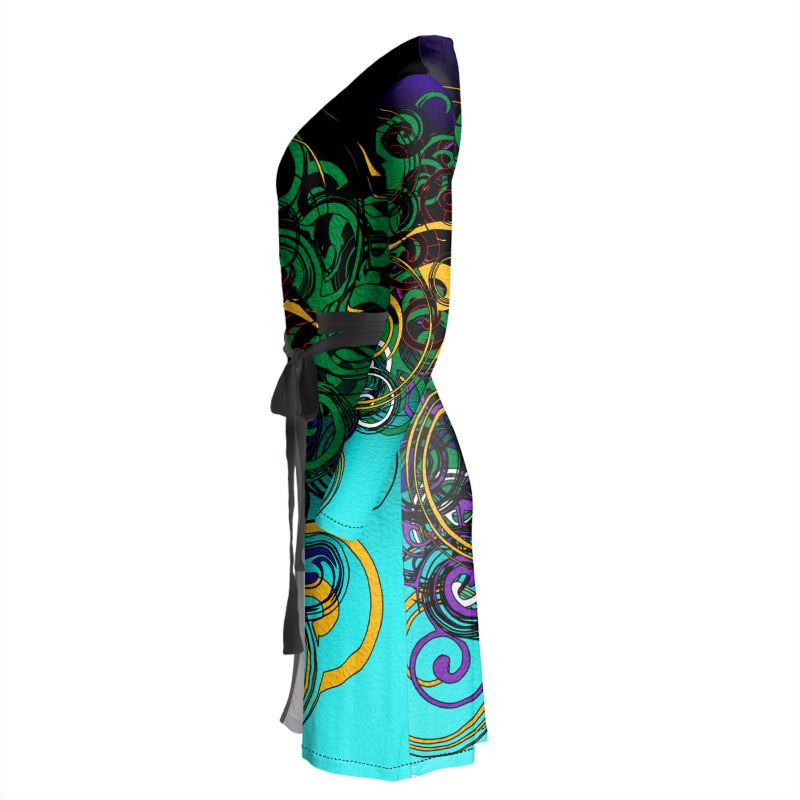 Make a statement with the Midnight Mosaic Luxe Wrap Dress. Features a stunning dark silver and navy geometric fractal print on premium, stretchy fabric. Flattering wrap silhouette for evening events, weddings, or parties.