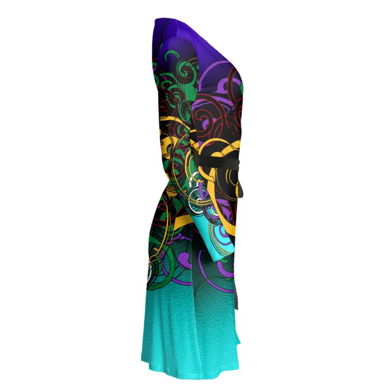 Make a statement with the Midnight Mosaic Luxe Wrap Dress. Features a stunning dark silver and navy geometric fractal print on premium, stretchy fabric. Flattering wrap silhouette for evening events, weddings, or parties.
