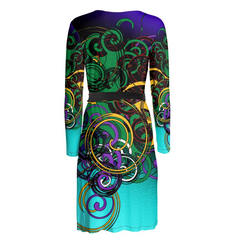 Make a statement with the Midnight Mosaic Luxe Wrap Dress. Features a stunning dark silver and navy geometric fractal print on premium, stretchy fabric. Flattering wrap silhouette for evening events, weddings, or parties.