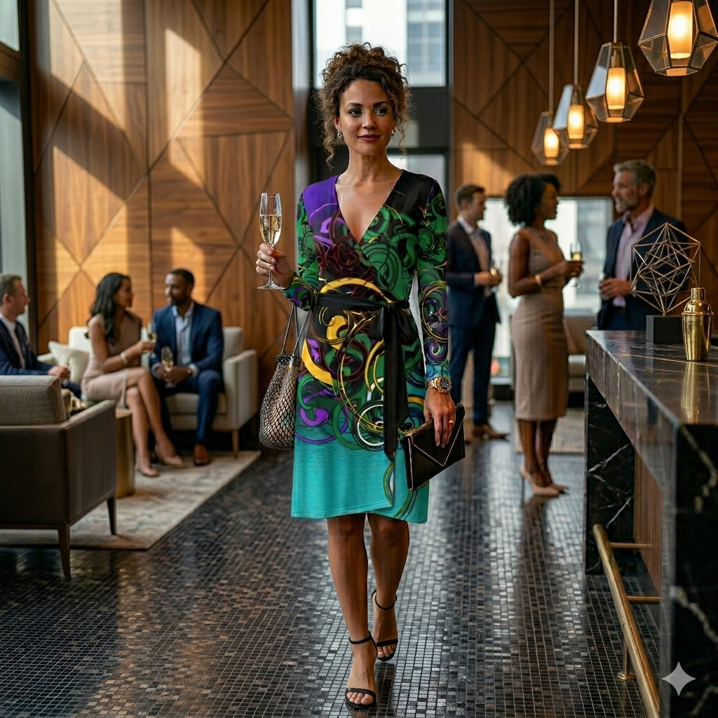 Make a statement with the Midnight Mosaic Luxe Wrap Dress. Features a stunning dark silver and navy geometric fractal print on premium, stretchy fabric. Flattering wrap silhouette for evening events, weddings, or parties.