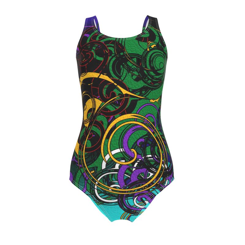Shop the Midnight Mosaic by Daisy Inferno. Sustainable recycled fabric meets a dark silver and navy fractal design. Flattering, eco-conscious swimwear in sizes XS-3XL.