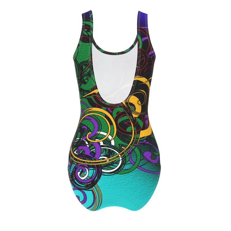 Shop the Midnight Mosaic by Daisy Inferno. Sustainable recycled fabric meets a dark silver and navy fractal design. Flattering, eco-conscious swimwear in sizes XS-3XL.
