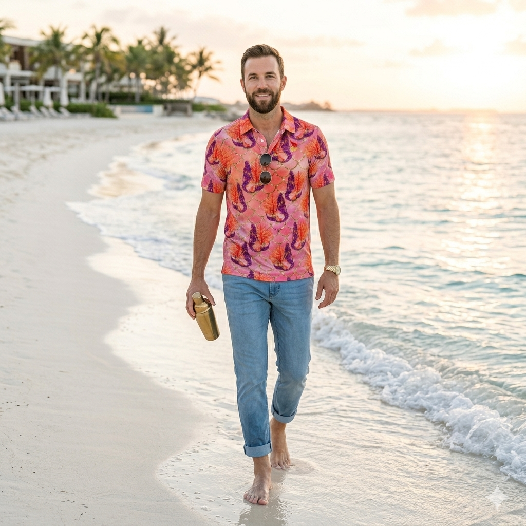 Dive into style with the Sirens Reef men's polo. Featuring a vibrant turquoise and deep blue coral fractal print on breathable cotton-poly fabric. Perfect for travel, golf, or coastal casual wear.