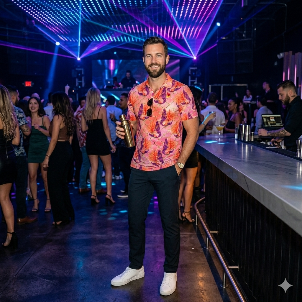 Dive into style with the Sirens Reef men's polo. Featuring a vibrant turquoise and deep blue coral fractal print on breathable cotton-poly fabric. Perfect for travel, golf, or coastal casual wear.
