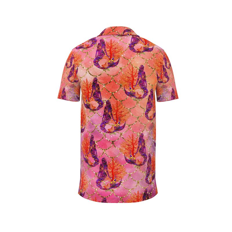 Dive into style with the Sirens Reef men's polo. Featuring a vibrant turquoise and deep blue coral fractal print on breathable cotton-poly fabric. Perfect for travel, golf, or coastal casual wear.