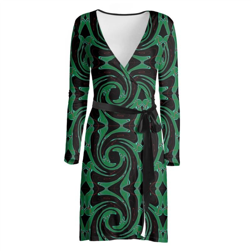 Immerse yourself in nature with the Verdant Vortex Luxe Wrap Dress. Features a stunning emerald and forest green organic fractal print on premium, stretchy fabric. Flattering wrap silhouette for garden weddings, parties, or everyday elegance.