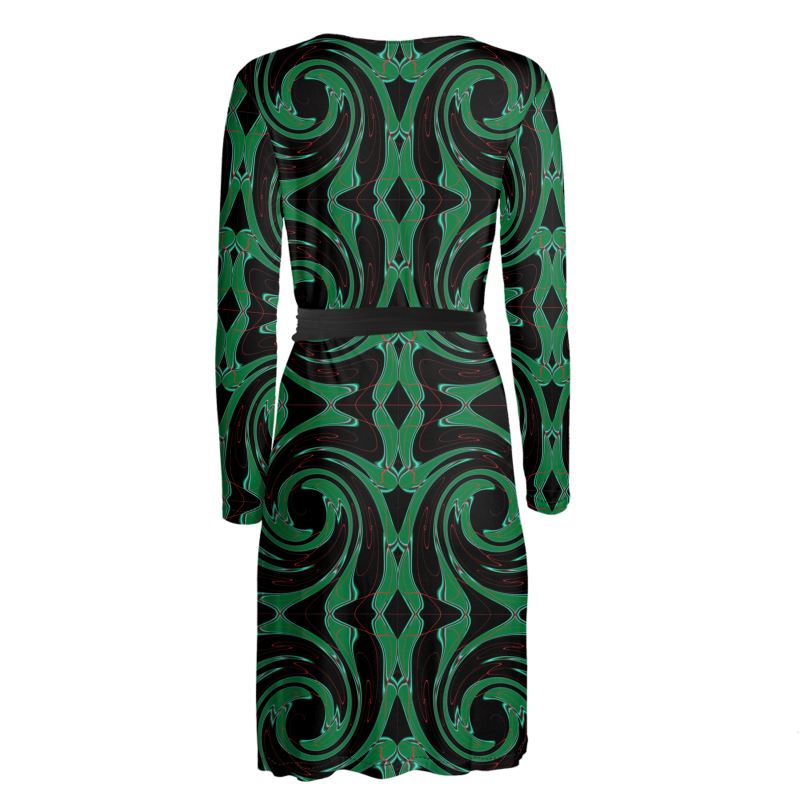 Immerse yourself in nature with the Verdant Vortex Luxe Wrap Dress. Features a stunning emerald and forest green organic fractal print on premium, stretchy fabric. Flattering wrap silhouette for garden weddings, parties, or everyday elegance.