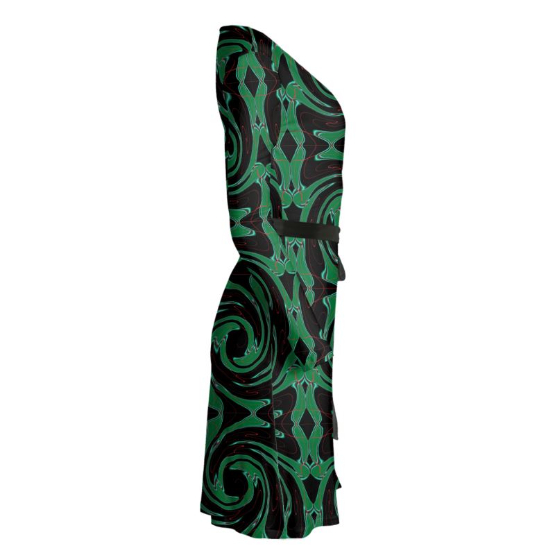 Immerse yourself in nature with the Verdant Vortex Luxe Wrap Dress. Features a stunning emerald and forest green organic fractal print on premium, stretchy fabric. Flattering wrap silhouette for garden weddings, parties, or everyday elegance.