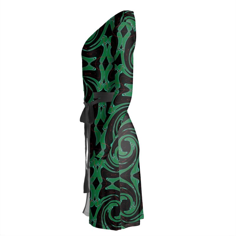 Immerse yourself in nature with the Verdant Vortex Luxe Wrap Dress. Features a stunning emerald and forest green organic fractal print on premium, stretchy fabric. Flattering wrap silhouette for garden weddings, parties, or everyday elegance.