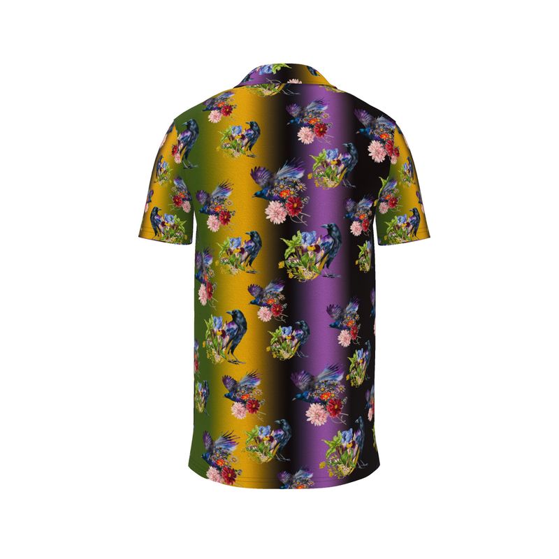 Discover the Midnight Aviary men's polo. Intricate feather-inspired fractal patterns in deep violet and emerald on a soft, breathable cotton-poly blend. Elegant dark aesthetic for any occasion.