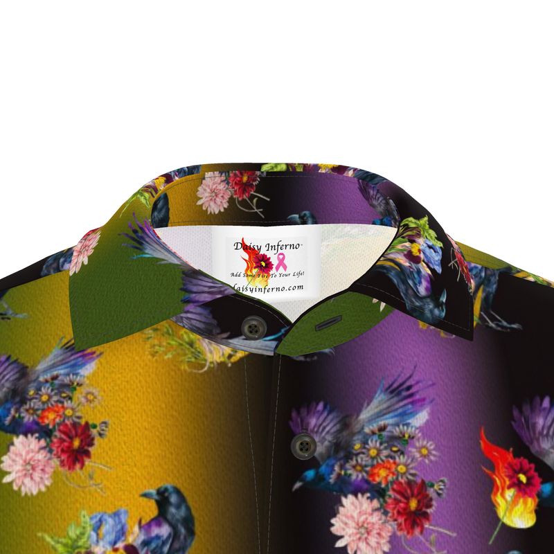 Discover the Midnight Aviary men's polo. Intricate feather-inspired fractal patterns in deep violet and emerald on a soft, breathable cotton-poly blend. Elegant dark aesthetic for any occasion.