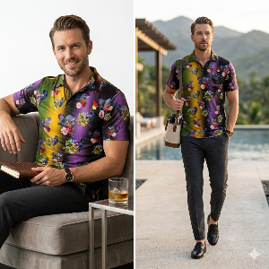 Discover the Midnight Aviary men's polo. Intricate feather-inspired fractal patterns in deep violet and emerald on a soft, breathable cotton-poly blend. Elegant dark aesthetic for any occasion.
